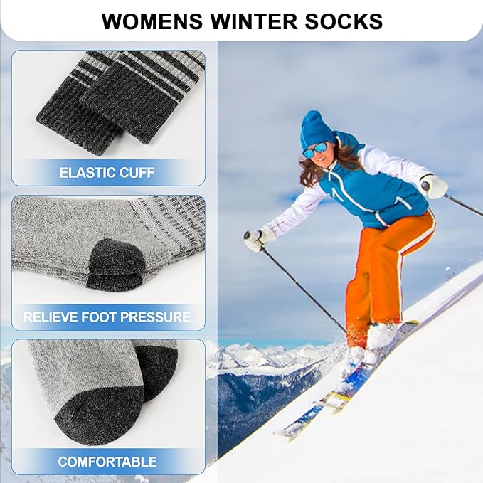 SIMIYA 5 Pairs Merino Wool Socks for Women Winter Thick Warm Hiking Socks Women Thermal Crew Cushion Socks