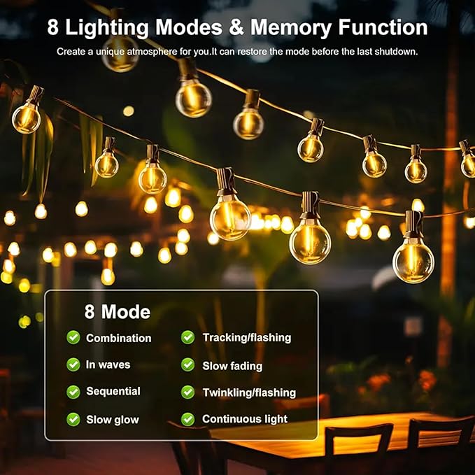 G40 Solar String Lights Outdoor with Remote 40 FT, USB & Solar Dual Charging, Waterproof, 8 Modes 3 Timers, 14+1 LED Shatterproof Bulbs, Dimmable Solar Light for Camping Backyard Bistro Porch Garden