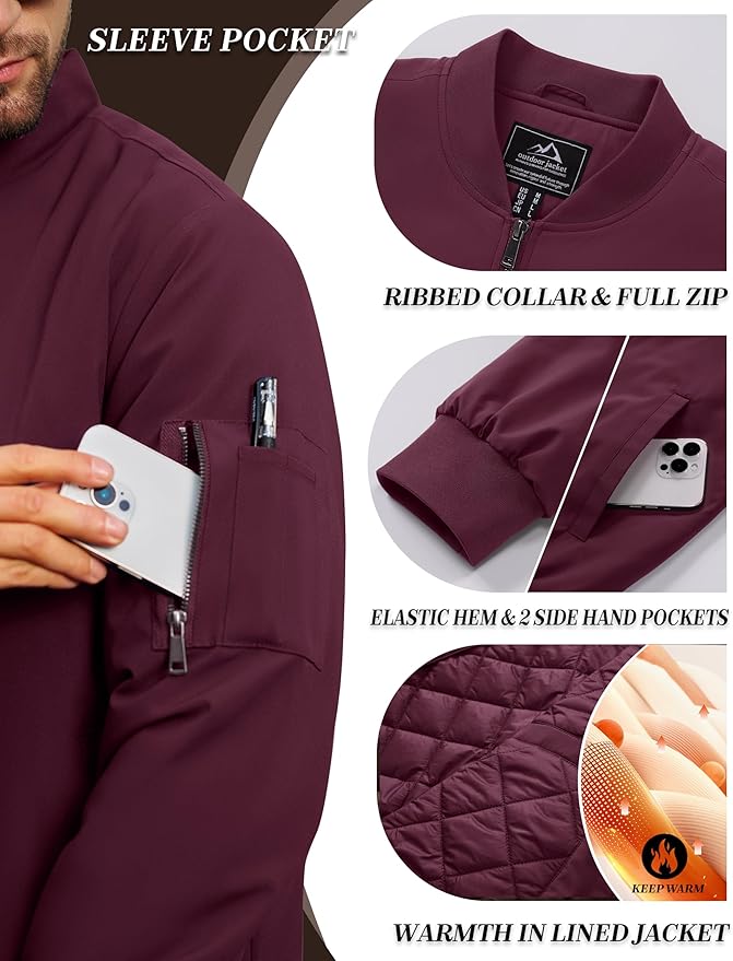 Cotrasen Mens Bomber Jacket Fall Winter Warm Windbreaker Casual Full Zip Padded Coats with Pockets