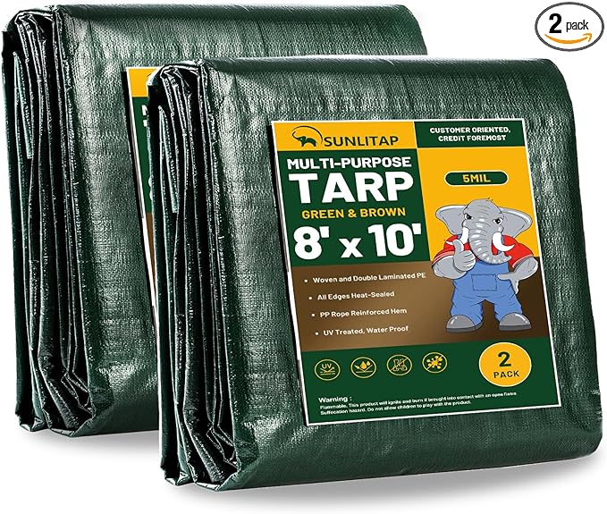2 Pack 8' x 10' Waterproof Tarps, Finished Size Tarp Cover with Grommets Reinforced Edges, 5 MIL Multipurpose Light Duty Tarpaulin for Car, Camping, Boat, Roof, Protective Cover - Green