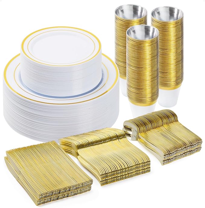 300PCS Plastic Dinnerware Set (50 Guests), Gold Disposable Plates for Party, Wedding, Christmas, Anniversary, Includes: Dinner Plates, Dessert Plates, Cups, Spoons, Forks and Knives