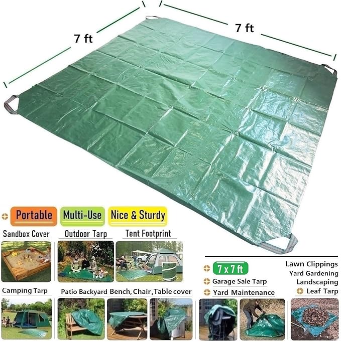7x7 Ft Yard Garden Leaf Tarp W/ 4 Handles Waterproof Tarp for Sandbox Cover,Outdoor Tarpaulin,Lawn Debris,Landscape Pruning,Yard Leaf Hauler,Tent Footprint,Camping Tent Mat,Patio Table,Fire Pit Cover