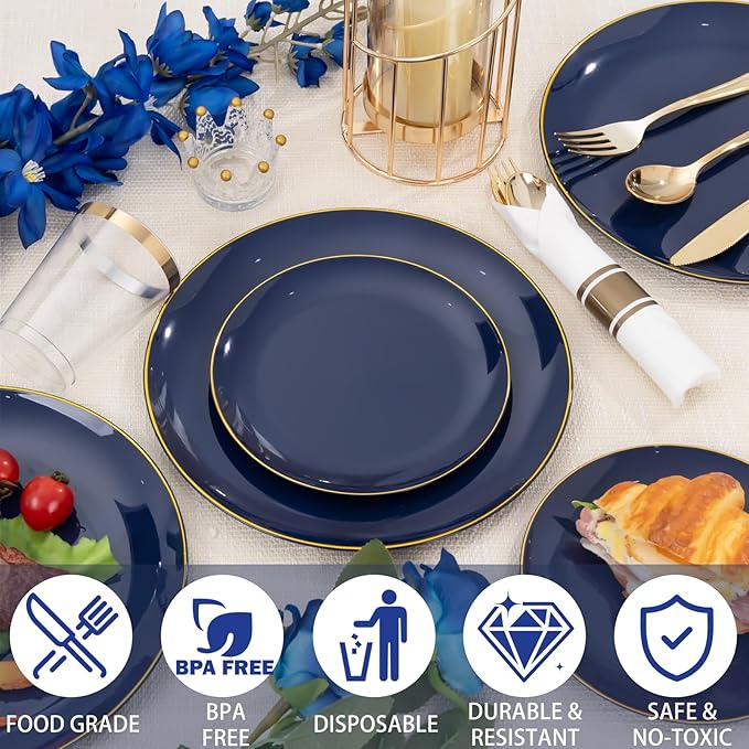 KIRE 350Pcs Blue and Gold Plates -Heavy Duty Navy Blue Dinnerware Set - 100 Plastic Plates 50 Pre Rolled Napkins with Gold Plastic Silverware 50 Cups for Upscale Birthday/Wedding/Parties