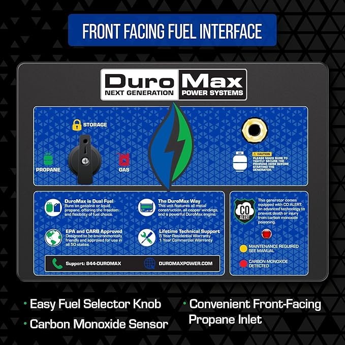 DuroMax XP12000HX 12,000-Watt Dual Fuel Portable Generator - Gas & Propane, Electric Start, Whole Home Power Backup, Transfer Switch Ready, RV & Emergency Ready