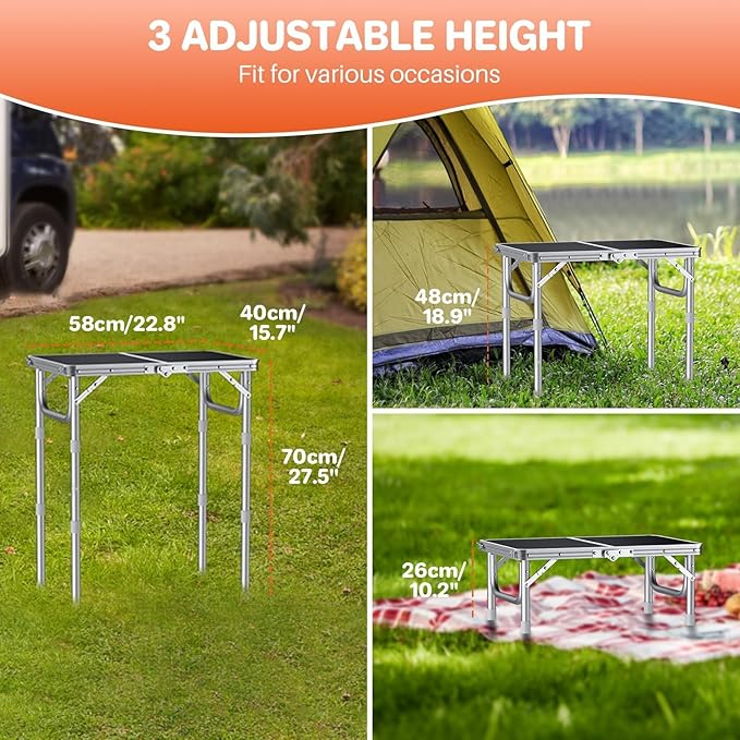 FUNYKICH 2ft Small Folding Camping Table(58x40cm), 3 Height Adjustable Portable Picnic Table, Lightweight Aluminum Outdoor Tables with Carry Handle for Camping, Picnic, Beach, Party, Silver
