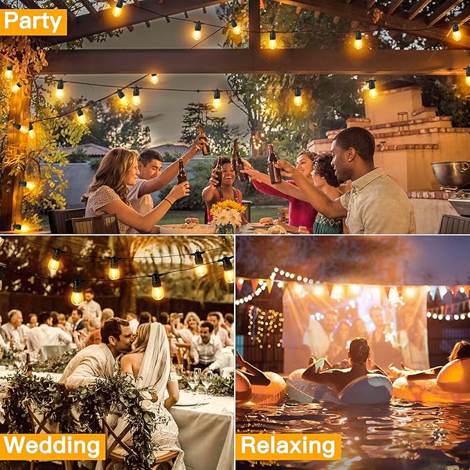 Ollny Outdoor String Lights, 50 FT Waterproof Connectable Patio Lights with 15 Shatterproof Bulbs(2 Spare), Outside Hanging Light for Balcony, Porch, Yard, Garden, Backyard