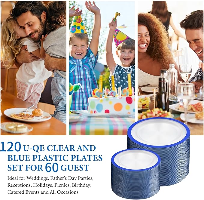 U-QE 120pcs Royal Blue Plastic Plates - Blue Disposable Plates Heavy Duty - Includes 60 10" Dinner & 60 7" Dessert Plates for Party, Birthday