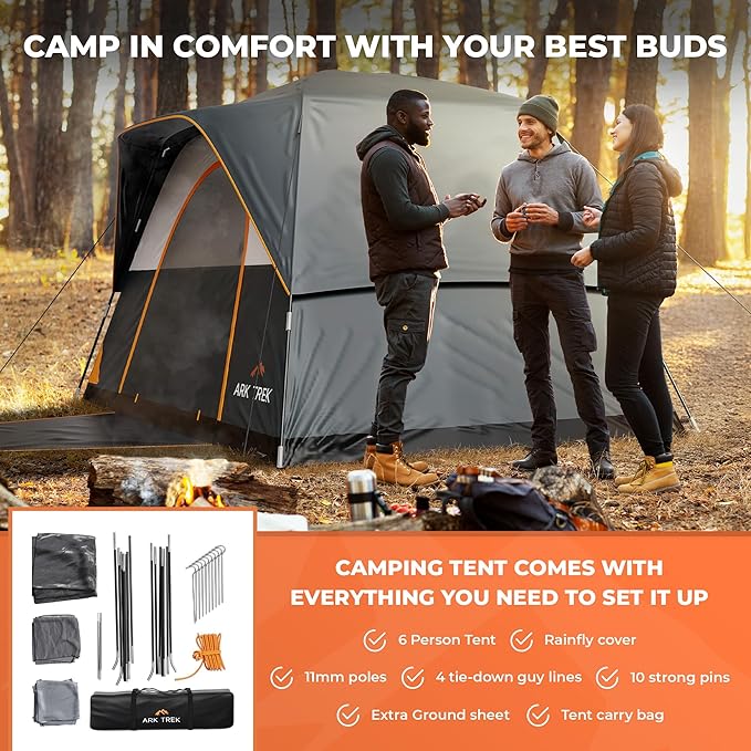 ArkTrek 6 Person Tents for Camping-Robust Family Camping Tent Cabin w Ground Sheet, Rainfly Cover, Powerport-Comfy Large Quick, Waterproof Pop up Camping Tent for Picnics Fishing Hiking