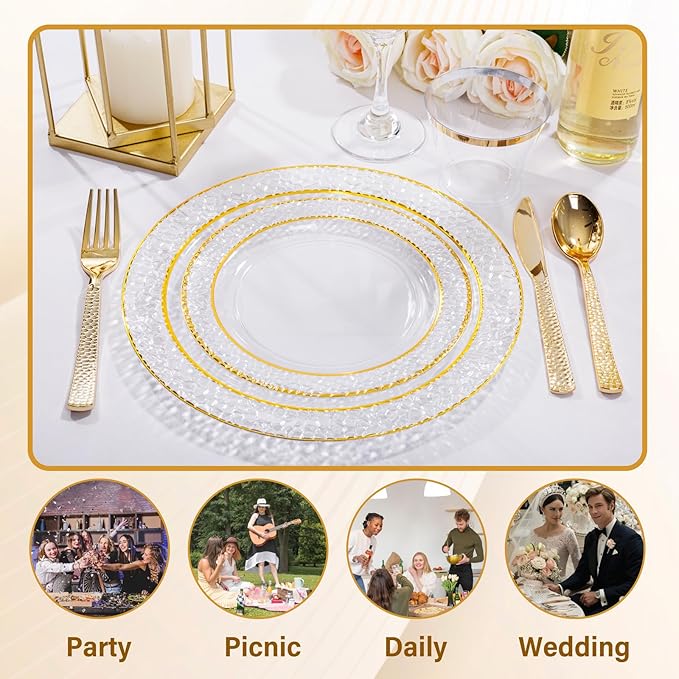 Nervure 102PCS Gold Plastic Plates - Disposable Clear Gold Party Plates Include 51PCS 10.25inch Dinner Plate & 51PCS 7.5inch Dessert Plate Perfect for Wedding & Party & Thanksgiving