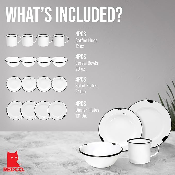 Red Co. 16-Piece Enamelware Metal Dinnerware Set for 4, Distressed White/Black Rim