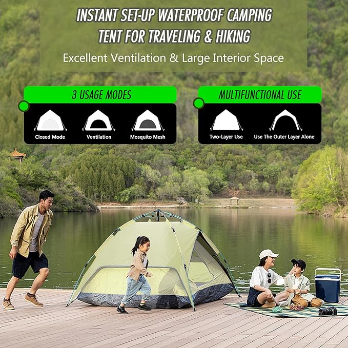 Instant Pop Up Tent 2-3 Person Reactive Outdoor Tent with Mesh Windows 3 Second Setup Waterproof & Portable for Camping & Hiking, Backpacking