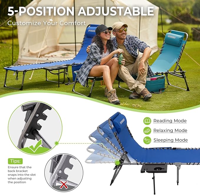 FUNDANGO Folding Chaise Lounge Chair Outdoor, 5 Positions Foldable Beach Lounges Chairs for Adults with Side Table & Pillow for Outside Tanning Pool Camping Patio Lawn (Blue)