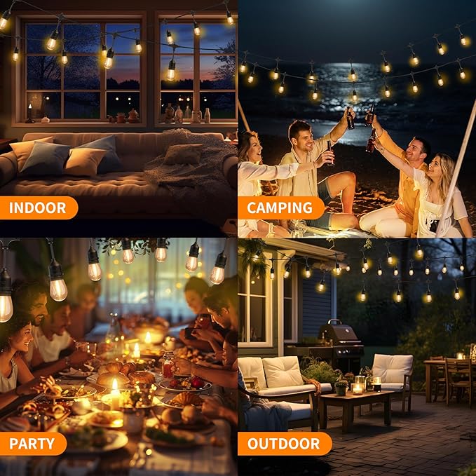 100FT LED Outdoor String Lights with 60+4 Waterproof Bulbs(๐.๐๐
๐ ๐๐ฎ๐ฅ๐๐ฅ๐ฌ ๐๐ฉ๐๐๐ข๐ง๐ ), Remote & Dimmer, Commercial Grade Patio Lights with 3 Mode Light & Timing, 100PC Ties