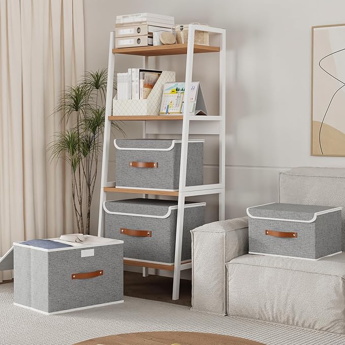 Yawinhe Storage Bins with Lids, Closet Baskets, Washable and Leather Handle, Collapsible Boxes for Home, Grey, 17.7''Lx11.8''Wx11.8''H, 3-Pack, USNK024GX-3