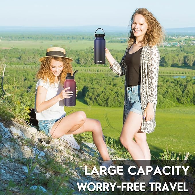 Navigate 32 oz Stainless Steel Insulated Water Bottle,Double Walled Leak Proof Keep Cold for 24 Hrs Hot for 12 Hrs,Wide Mouth Water Jug with Spout & Handle Lids,Blue to Black