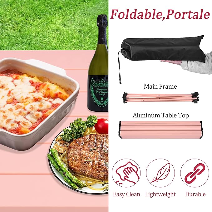 Grope Portable Camping Table with Aluminum Table Top, Folding Beach Table Easy to Carry, Prefect for Outdoor, Picnic, BBQ, Cooking, Festival, Beach, Home (Pink-L)