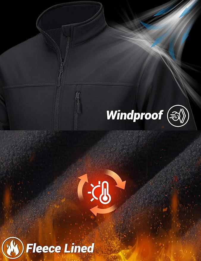 TACVASEN Men's Lightweight Softshell Jacket Fleece Lined Waterproof Tactical Rain Zip Up Winter Coat Windbreaker Casual