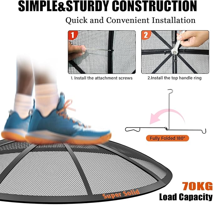 Fire Pit Spark Screen, 30Inch Fire Pit Lid Outdoor with Handle & Poker, Heavy-Duty Mesh Firepit Cove, 12 Reinforced Bars for Backyard/Beach/RV Camping