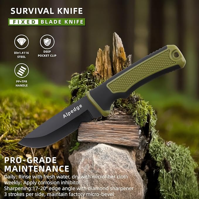 Professional Tactical Knife with 360ยฐ Rotating Belt Sheath | Premium German DIN 1.4116 Steel Blade with Non-Stick Coating | Heavy-Duty Fixed Blade for Survival, Camping, Hunting