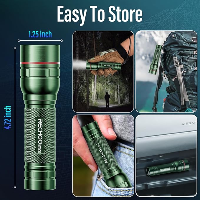 Rechargeable Flashlights High Lumens, G1000 Super Bright Flash Light 2 Pack, Small Zoomable LED Flashlight with 3 Lighting Modes, Portable Flashlight for Camping Essentials (Battery Included)-Green