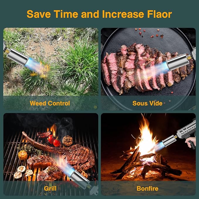 Sondiko Powerful Cooking Propane Torch Gun, Culinary Torch Campfire Starter, Adjustable Weed Torch Burner for Searing Steak, BBQ, Welding (Gray & Black) Propane Tank Not Included