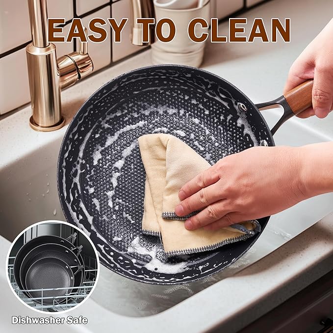 DM Cast Iron Skillet, 12 Inch Nonstick Frying Pan with Detachable Acacia Wooden Handle, Honeycomb Non stick Omelet Egg Pan, Easy Clean Oven Safe Pans for Cooking