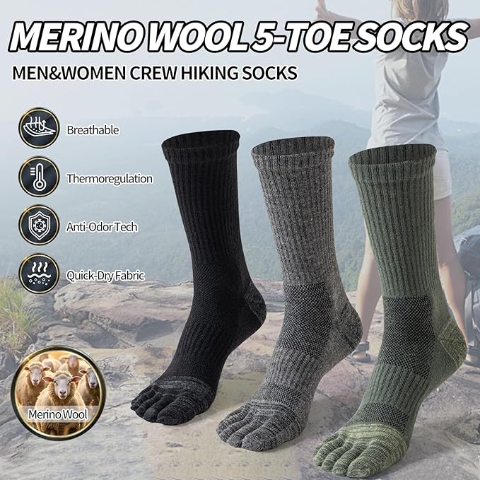 Merino Wool Toe Socks For Hiking Men&Women Thermal Winter Warm Boot Work Cushion Five Finger Socks 3 Pairs