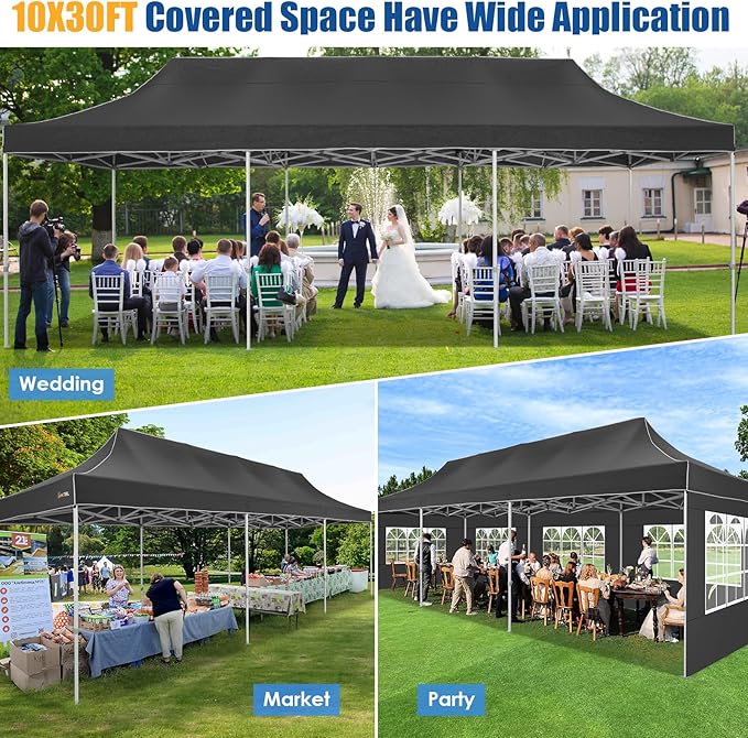 HOTEEL 10x30 Pop up Canopy Tent for Parties, Heavy Duty Easy Setup Tent with 8 Sidewalls, Outdoor Commercial Instant Gazebo for Wedding Event, with Portable Bag & Sand Bags, Black(Hexagonal Frame)