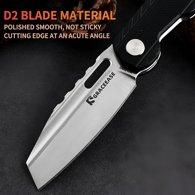Folding pocket knife, 3.34-inch D2 steel blade, carbon fiber handle EDC knife, with pocket clip, suitable for daily carrying, camping, hiking, fishing for men and women A-80003-1 (Black)