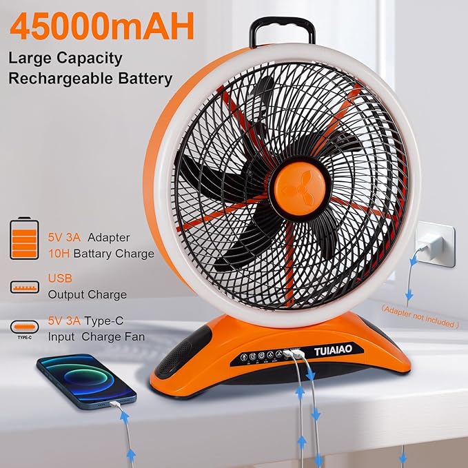 Big Size Camping Fan, 45000mAh Battery Rechargeable Portable Fan, 12-Inch Extra Large Blade & 830CFM Super Airflow, Ring LED, Cordless for Outdoor Large BBQ RV Tent Garage Hurricane Emergencies Indoor