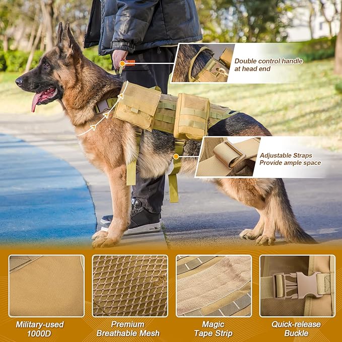 AIWAI Tactical Dog Harness with Pouches,Dog Vest Harness for Large Medium Dogs No-Pull Adjustable Military Dog Harness with Handle Walking Hiking Training (Camouflage, L)