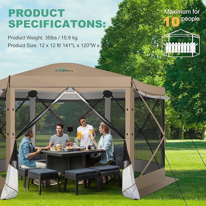 COBIZI 12x12 Pop Up Gazebo Screen House for Camping, Outdoor Canopy with Removable Roof & Sidewalls, Portable Hub Tent with Carrying Bag and Ground Stakes, Khaki (Upgraded 2.0)