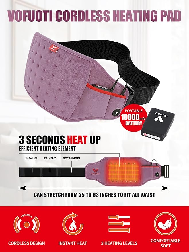 Vofuoti Cordless Heating Pad, Portable Heated Pad with Battery and 3 Heat Settings, Rechargeable Electric Heating Pads for Back, Abdomen, Gifts for Women Men (Purple, 8"x22")