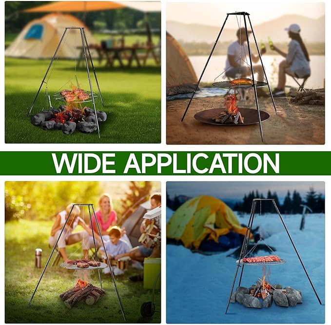 Campfire Tripod for Cooking, Portable & Collapsible Camping Cooking Tripod Grill with Round Grate for BBQ Picnic Outdoor Cookware Party