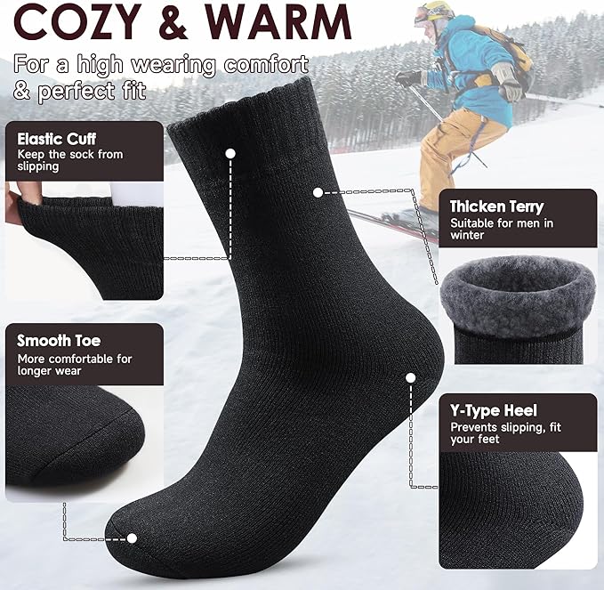 Reamphy 3 Pairs Thermal Socks for Men 6-13, Thick Warm Winter Outdoors Hiking Socks Mens