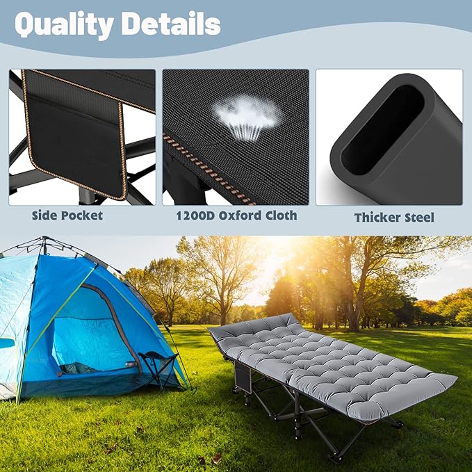 Slsy Oversized XXL Folding Camping Cot for Adults with Pad, Padded Portable Sleeping Cots, Camp Bed with Carry Bag for Outdoor Travel, Beach, Hiking