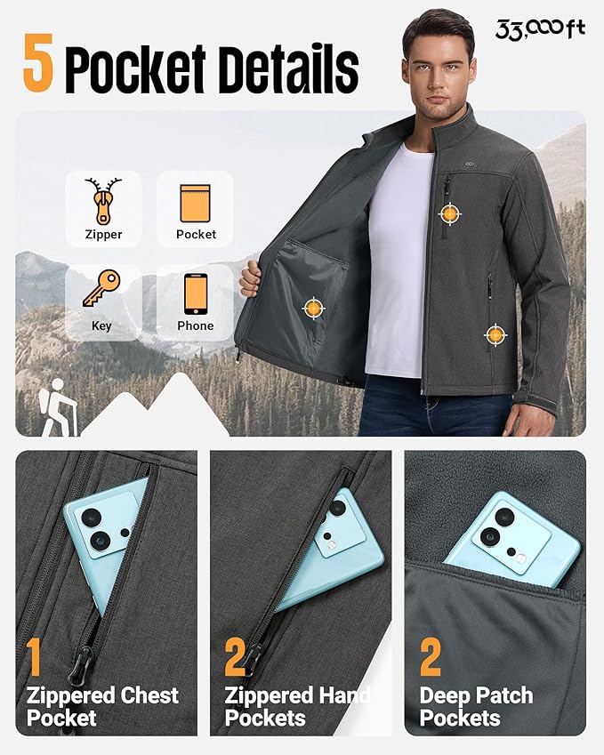 33,000ft Men's Waterproof Softshell Jacket Warm Fleece Lined Windbreaker Lightweight Soft Shell for Travel Hiking Golf