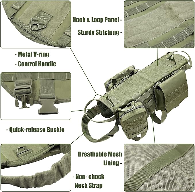 AIWAI Tactical Dog Harness with Pouches,Dog Vest Harness for Large Medium Dogs No-Pull Adjustable Military Dog Harness with Handle Walking Hiking Training (Army Green, S)