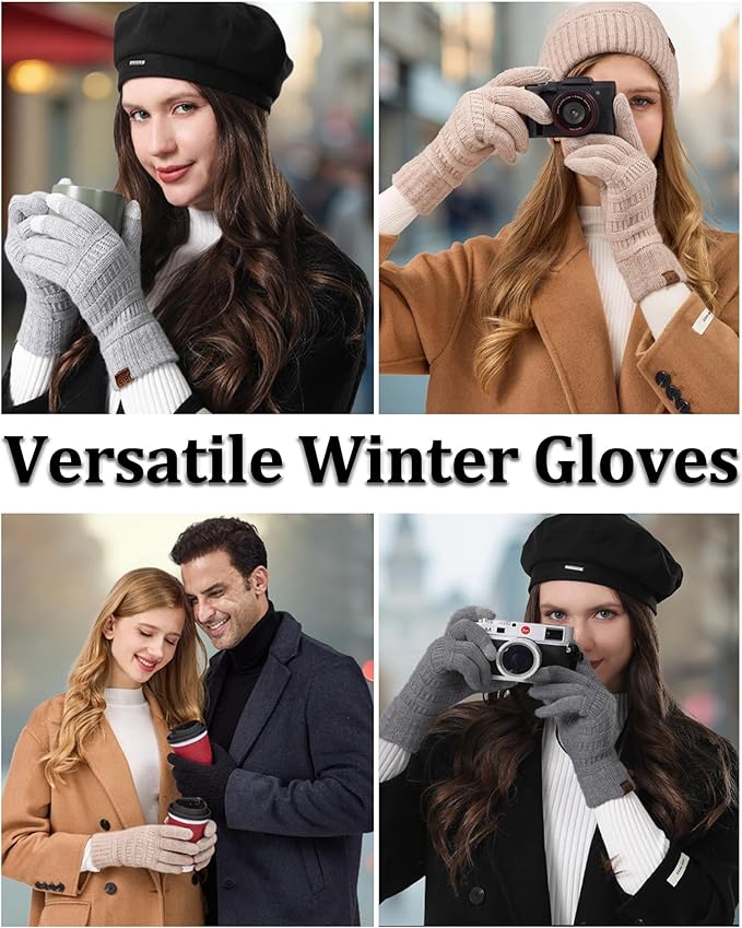 REACH STAR 2 Pairs Winter Gloves for Women - Upgraded Touch Screen Warm Knit Gloves Cold Weather, Soft Fleece Lining Elastic