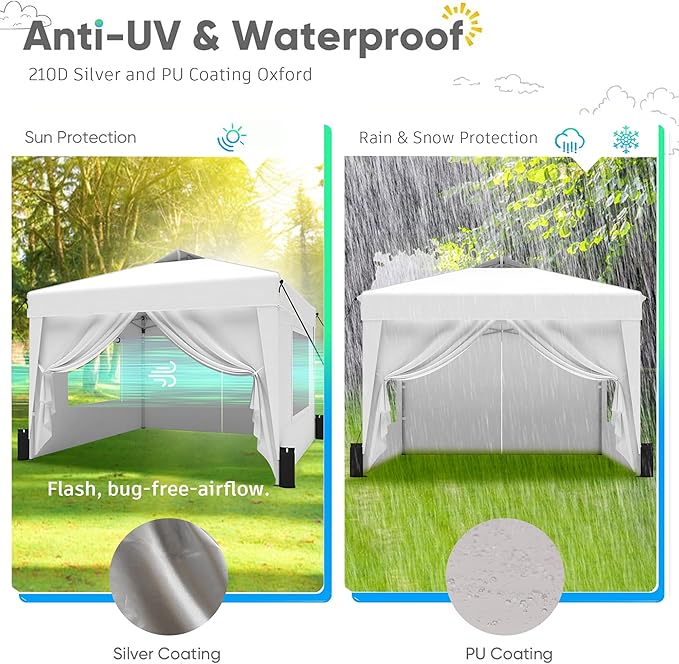 SANWAY 10x10 Pop Up Canopy Tent with Sidewalls x 4 – Easy Setup Canopy Tent, Waterproof, UV-Resistant, Portable with Carry Bag for Outdoor Events, Camping, and Backyard Parties – White
