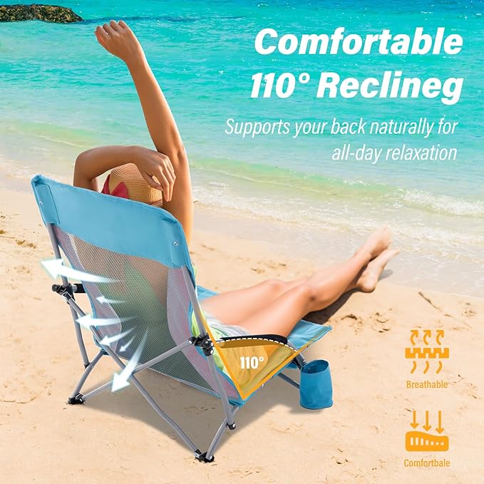 Homcosan Portable Low Folding Beach Chair - Lightweight Camping Chair for Adults with Cup Holder & Storage Pocket, Carry Bag Included (Blue & Pink)