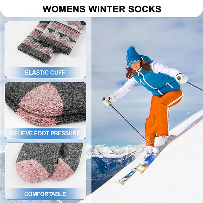 SIMIYA 5 Pairs Merino Wool Socks for Women Winter Thick Warm Hiking Socks Women Thermal Crew Cushion Socks