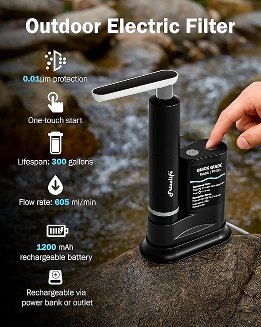 Frizzlife Electric Water Filter Camping, 0.01μm Ultrafiltration 7-Stage Portable Water Filter, Rechargeable Water Purifier for Camping, Survival, Backpacking,Hiking & Emergency,3pcs Pre-Filters,EF1200