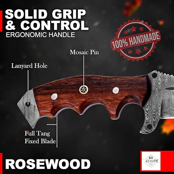 KIMPE 10.5’’ Damascus Hunting Knife with Leather Sheath-Fixed Blade EDC Knife-Bushcraft Knives-Wood Handle-Best Camping & Survival tool-Knives for Men. (Rose Wood)