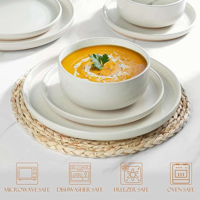 LIANYU Dinnerware Sets, 12 Piece Plates and Bowls Set for 4, Ceramic Dishware Dishes Set, Scratch Resistant Kitchen and Dining Stoneware Plates, Microwave & Dishwasher Safe, Snowy White