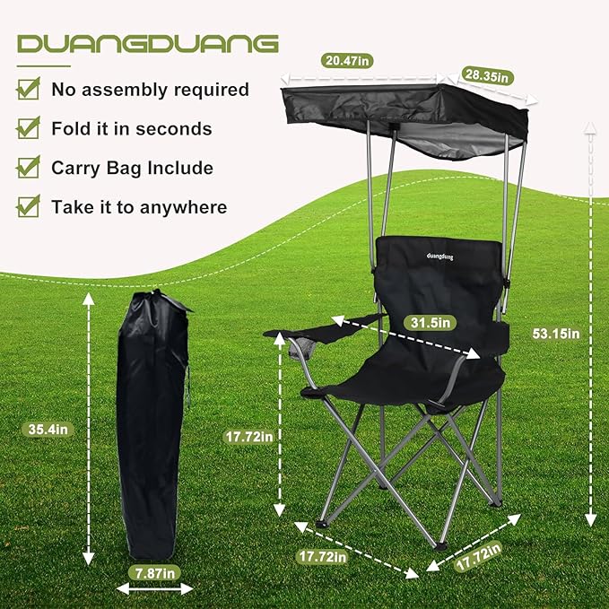 Camping Chair 2 Pack Portable Camping Chair with Canopy,Folding Chair with Canopy, Durable 600D Oxford Canopy Chair for Camping, Beach, Picnics, Fishing & Sports,Black