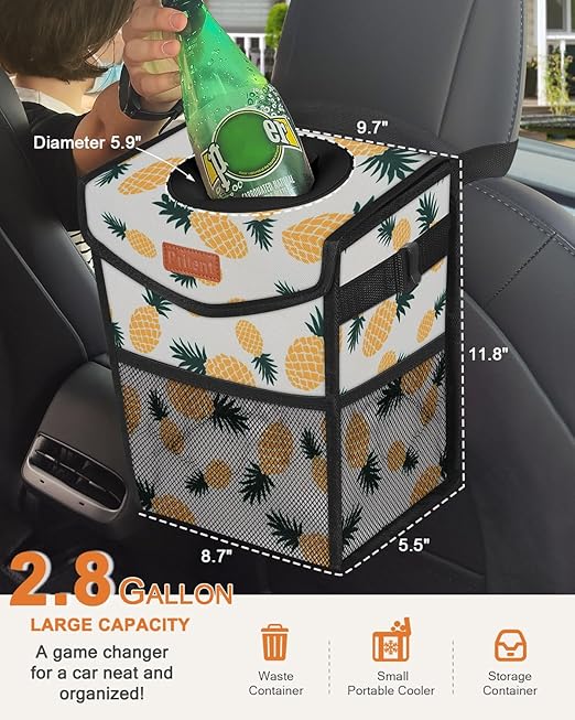 Car Trash Can with Lid, Cute Leakproof Car Trash Garbage Bag Hanging Vehicle Trash Bin Small Portable Automotive Garbage Cans Organizer for Back/Front Seat/Console(2.8 gal,Pineapple Print