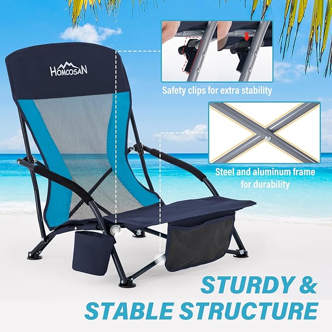 Homcosan Portable Low Folding Beach Chairs Set of 2 with Detachable Umbrellas - Lightweight Camping Chairs for Adults with Cup Holder & Storage Pockets, Carry Bag Included (Navy & Blue)