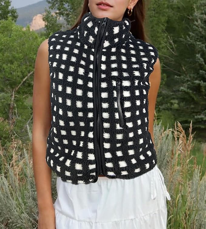 Colorful world Womens Checkered Sherpa Vest Fleece Jacket Lightweight Zip Up Sleeveless Crochet Plaid Gilet with Pocket