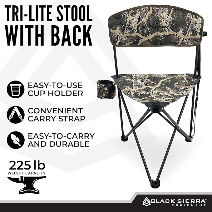 Black Sierra XL Tripod Hunting Stool w/Backrest, Lightweight Portable Fishing Chair w/Cupholder and Carry Strap, Supports 225 Lbs, Portable Outdoor Chair for Hunting, Camping, Travel, Hiking